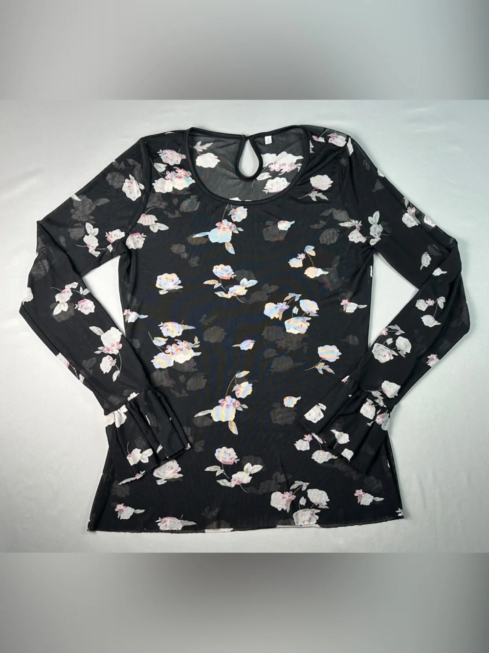 Women’s Black Floral Sheer Long Sleeve Mesh Shirt Bell Sleeve
